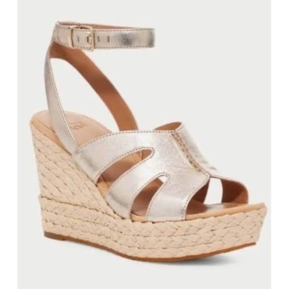 UGG Careena Metallic Gold Leather Espadrille Wedge Sandals Women 8